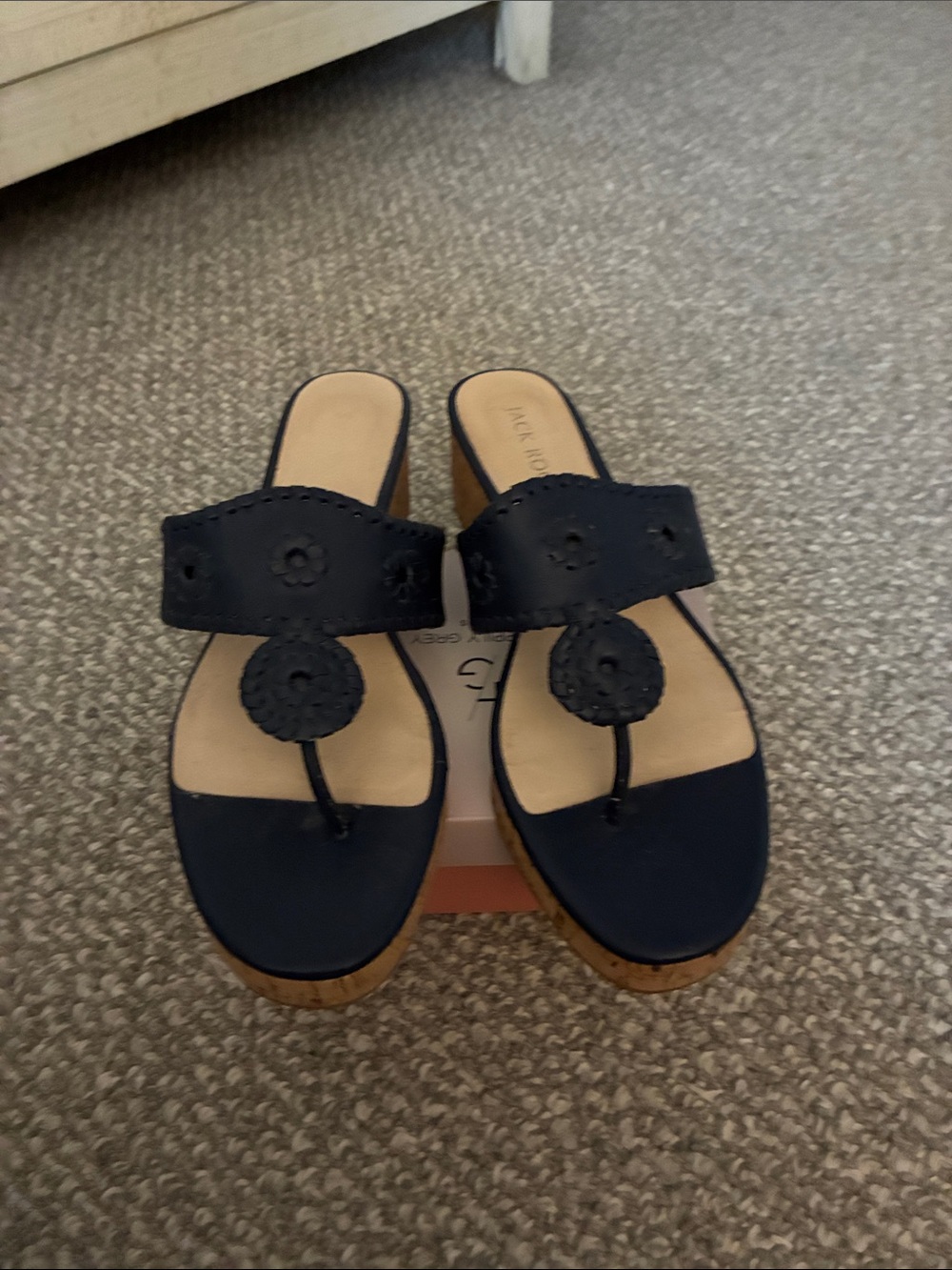 Jack Rogers Navy Leather Wedge Thong Mules